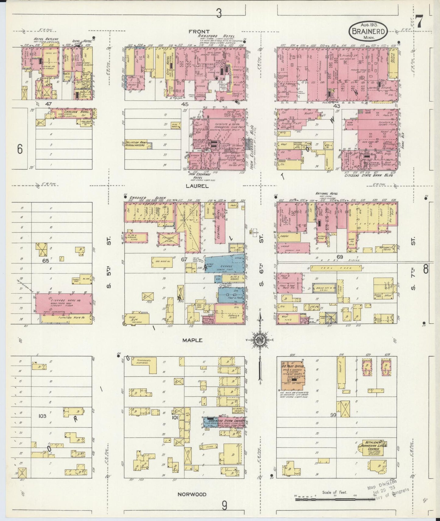 Sanborn Fire Insurance Map from Brainerd, Crow Wing County, Minnesota (1913), Sheet #0007 - Complete Map Set gallery image, historic Sanborn map, vintage wall art, Minnesota Minnesota