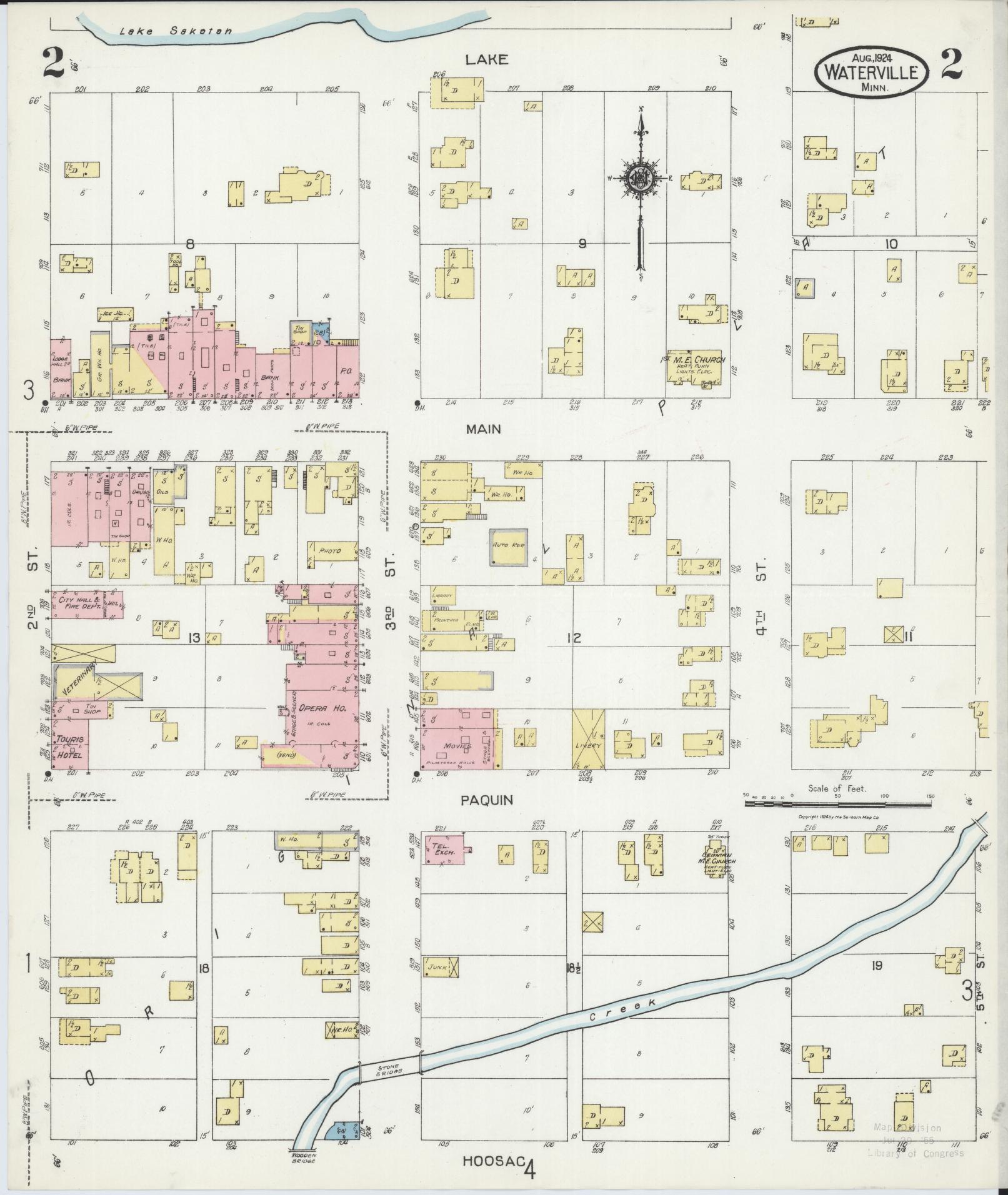 Sanborn Fire Insurance Map from Waterville, Le Sueur County, Minnesota (1924), Sheet #0002 - Historic Sanborn Fire Insurance Map Print, vintage old map wall art, antique decor, genealogy gift, Minnesota Minnesota map