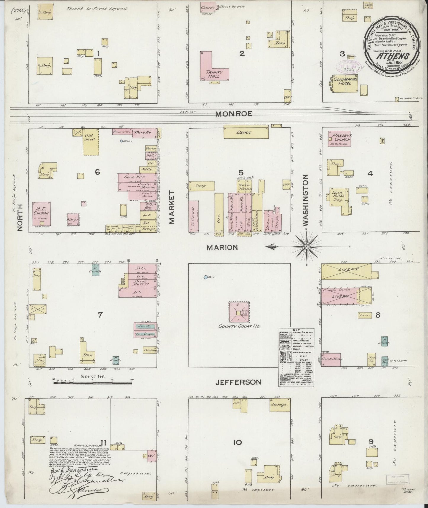 Sanborn Fire Insurance Map from Athens, Limestone County, Alabama (1888), Sheet #0001 - Historic Sanborn Fire Insurance Map Print, vintage old map wall art, antique decor, genealogy gift, Alabama Alabama map