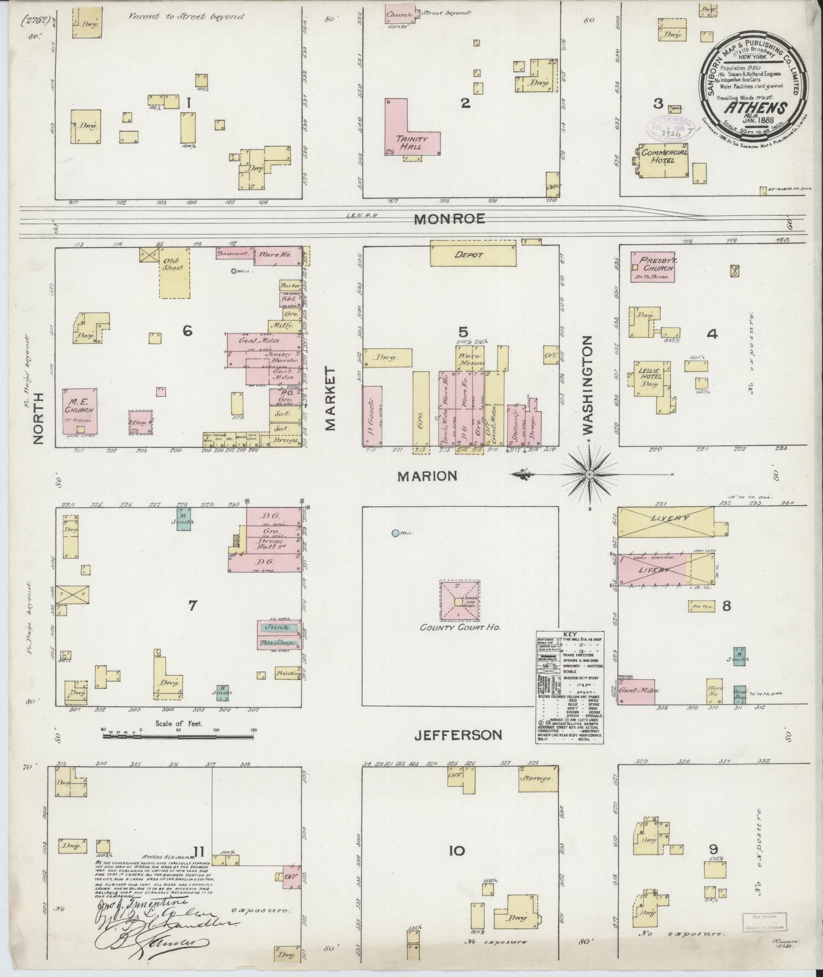Sanborn Fire Insurance Map from Athens, Limestone County, Alabama (1888), Sheet #0001 - Historic Sanborn Fire Insurance Map Print, vintage old map wall art, antique decor, genealogy gift, Alabama Alabama map