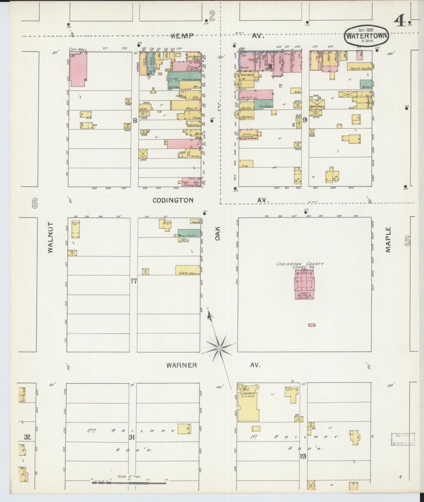 Sanborn Fire Insurance Map from Watertown, Codington County, South Dakota (1892), Sheet #0004 - Complete Map Set gallery image, historic Sanborn map, vintage wall art, South Dakota South Dakota