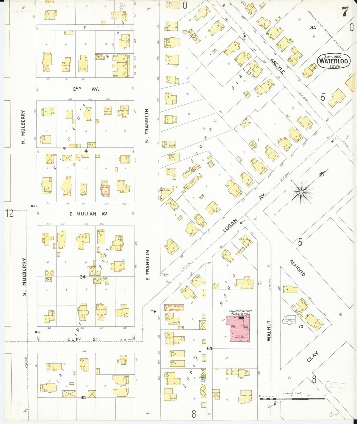 Sanborn Fire Insurance Map from Waterloo, Black Hawk County, Iowa (1900), Sheet #0007 - Historic Sanborn Fire Insurance Map Print, vintage old map wall art