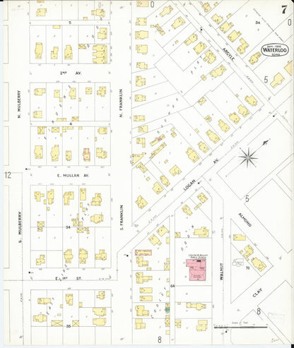 Sanborn Fire Insurance Map from Waterloo, Black Hawk County, Iowa (1900), Sheet #0007 - Historic Sanborn Fire Insurance Map Print, vintage old map wall art
