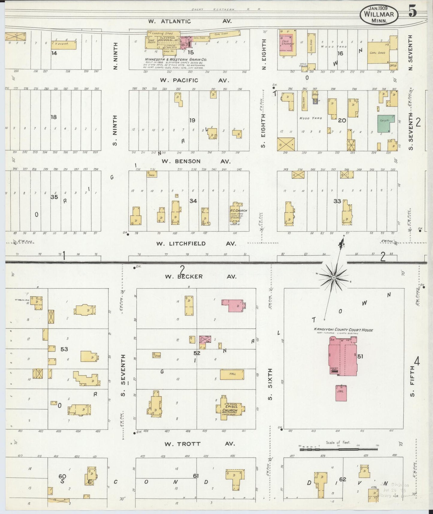 Sanborn Fire Insurance Map from Willmar, Kandiyohi County, Minnesota (1909), Sheet #0005 - Historic Sanborn Fire Insurance Map Print, vintage old map wall art, antique decor, genealogy gift, Minnesota Minnesota map