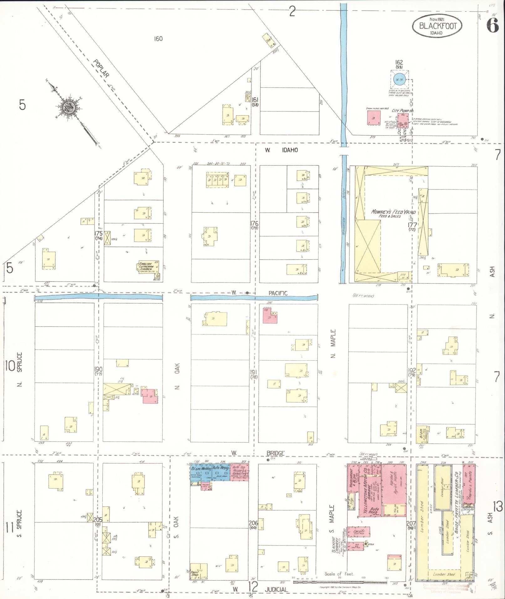 Sanborn Fire Insurance Map from Blackfoot, Bingham County, Idaho (1921), Sheet #0006 - Historic Sanborn Fire Insurance Map Print, vintage old map wall art, antique decor, genealogy gift, Idaho Idaho map