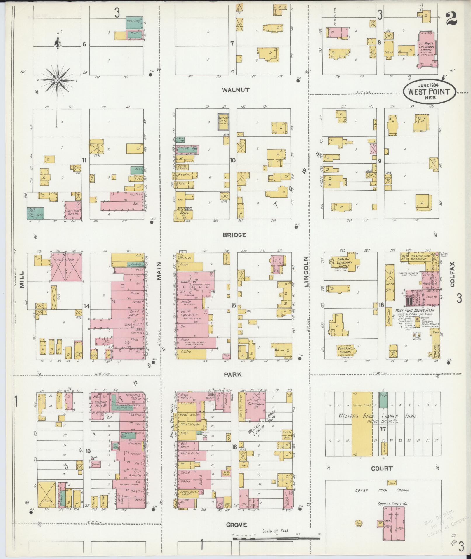 Sanborn Fire Insurance Map from West Point, Cuming County, Nebraska (1904), Sheet #0002 - Historic Sanborn Fire Insurance Map Print, vintage old map wall art, antique decor, genealogy gift, Nebraska Nebraska map