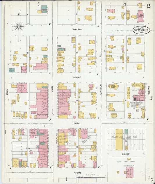 Sanborn Fire Insurance Map from West Point, Cuming County, Nebraska (1904), Sheet #0002 - Historic Sanborn Fire Insurance Map Print, vintage old map wall art, antique decor, genealogy gift, Nebraska Nebraska map