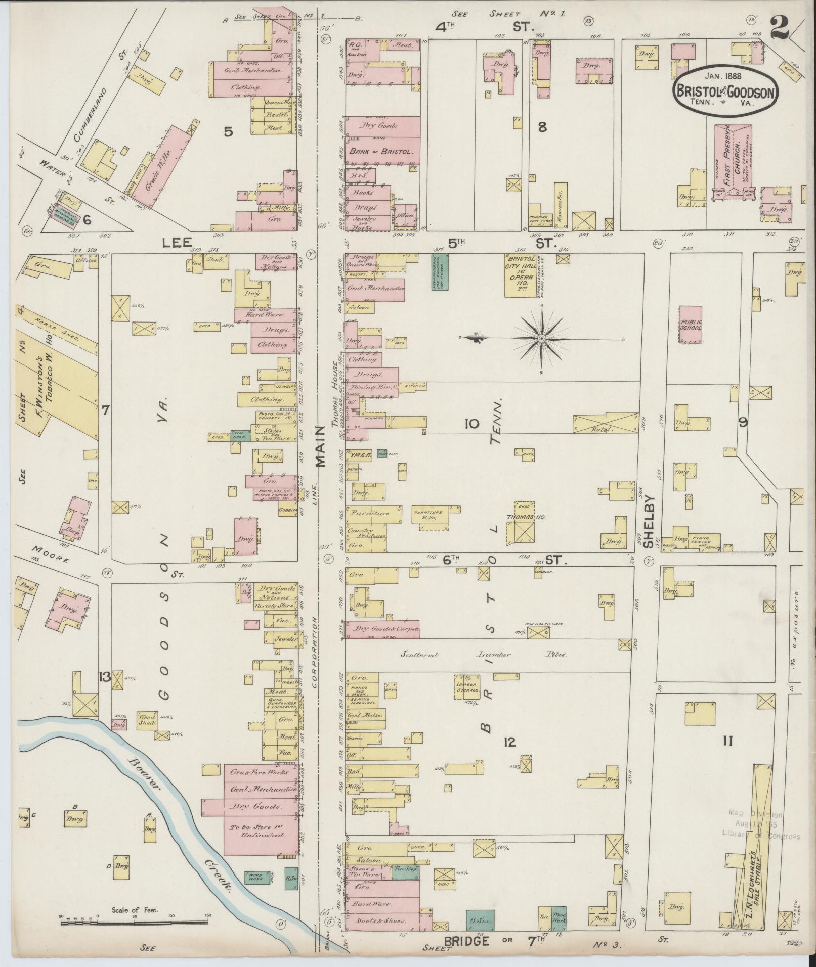 Sanborn Fire Insurance Map from Bristol, Sullivan County, Tennessee (1888), Sheet #0002 - Historic Sanborn Fire Insurance Map Print, vintage old map wall art, antique decor, genealogy gift, Tennessee Tennessee map