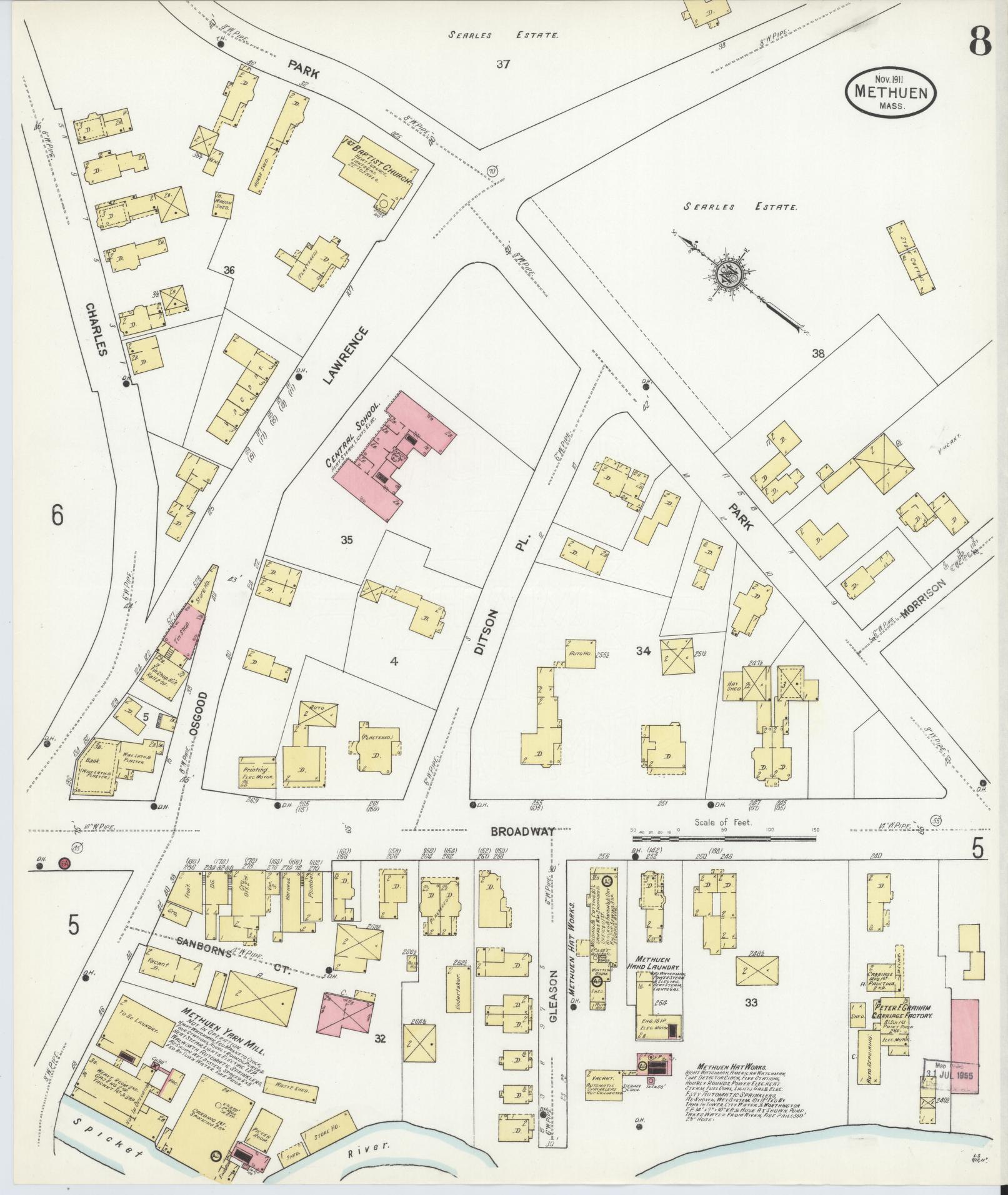 Sanborn Fire Insurance Map from Methuen, Essex County, Massachusetts (1911), Sheet #0008 - Historic Sanborn Fire Insurance Map Print, vintage old map wall art, antique decor, genealogy gift, Massachusetts Massachusetts map