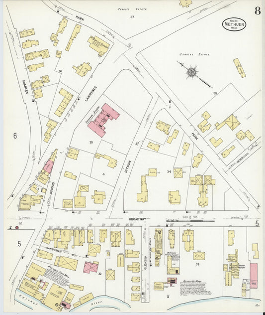 Sanborn Fire Insurance Map from Methuen, Essex County, Massachusetts (1911), Sheet #0008 - Historic Sanborn Fire Insurance Map Print, vintage old map wall art, antique decor, genealogy gift, Massachusetts Massachusetts map