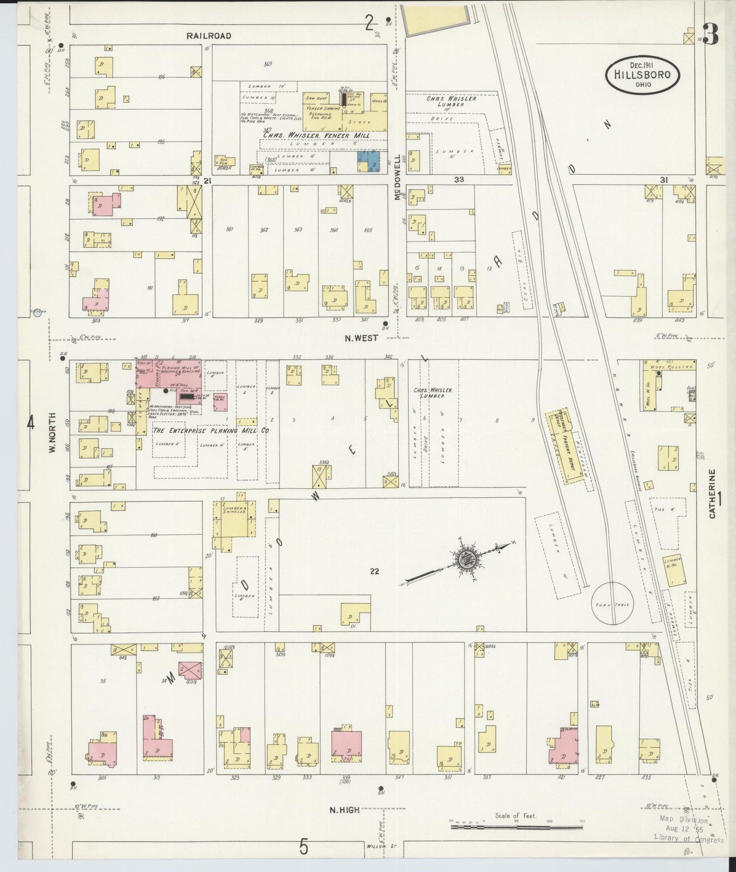 Sanborn Fire Insurance Map from Hillsboro, Highland County, Ohio (1911), Sheet #0003 - Complete Map Set gallery image, historic Sanborn map, vintage wall art, Ohio Ohio