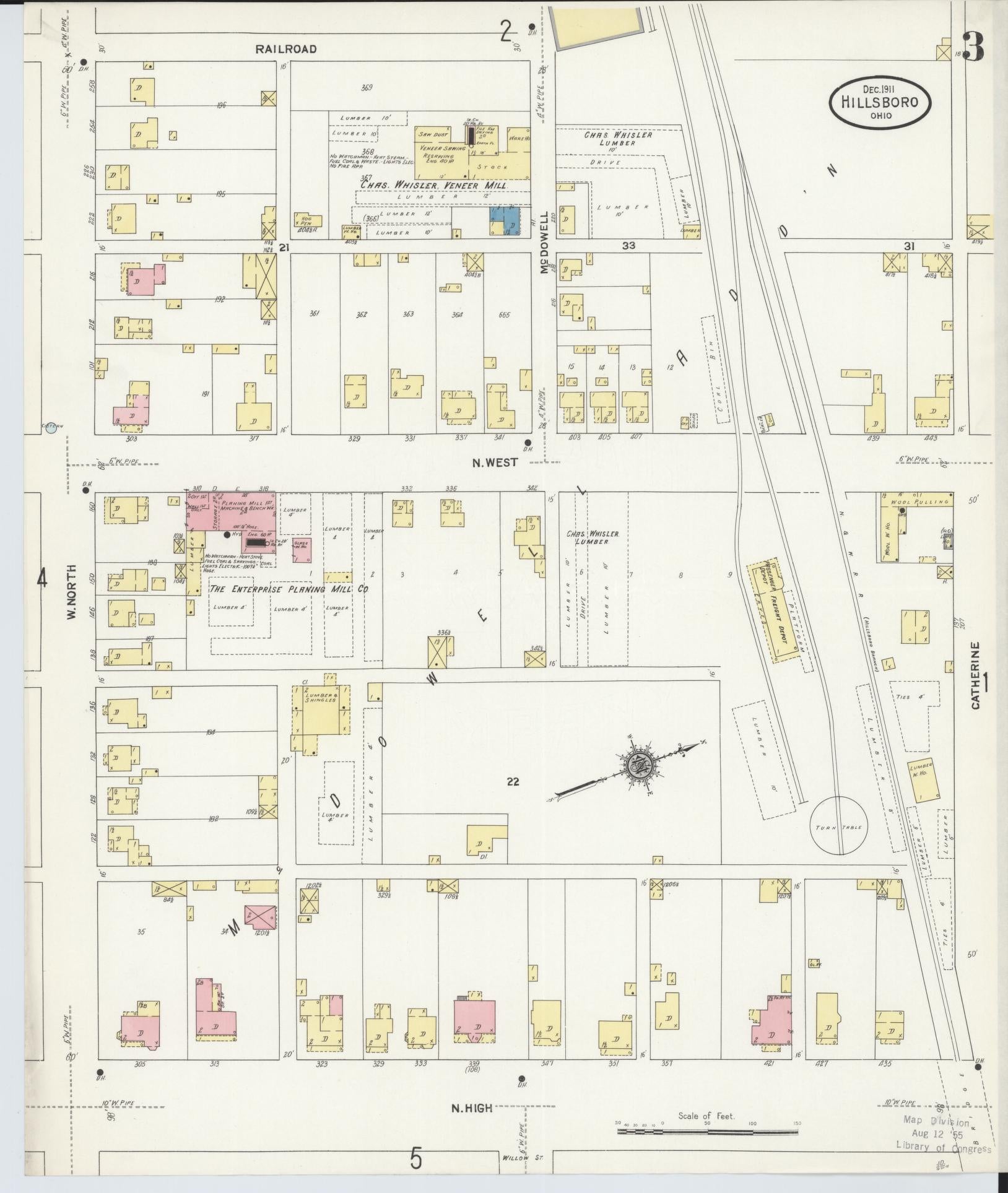 Sanborn Fire Insurance Map from Hillsboro, Highland County, Ohio (1911), Sheet #0003 - Complete Map Set gallery image, historic Sanborn map, vintage wall art, Ohio Ohio