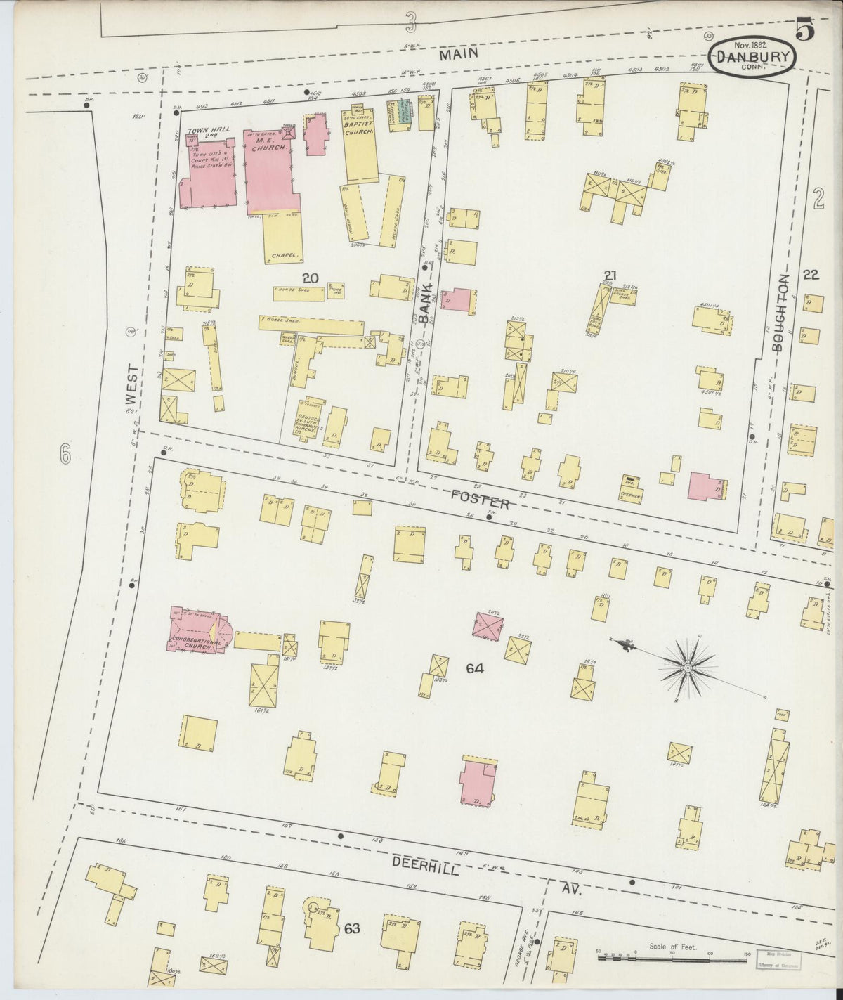 Sanborn Fire Insurance Map from Danbury, Fairfield County, Connecticut (1892), Sheet #0005 - Historic Sanborn Fire Insurance Map Print, vintage old map wall art, antique decor, genealogy gift, Connecticut Connecticut map