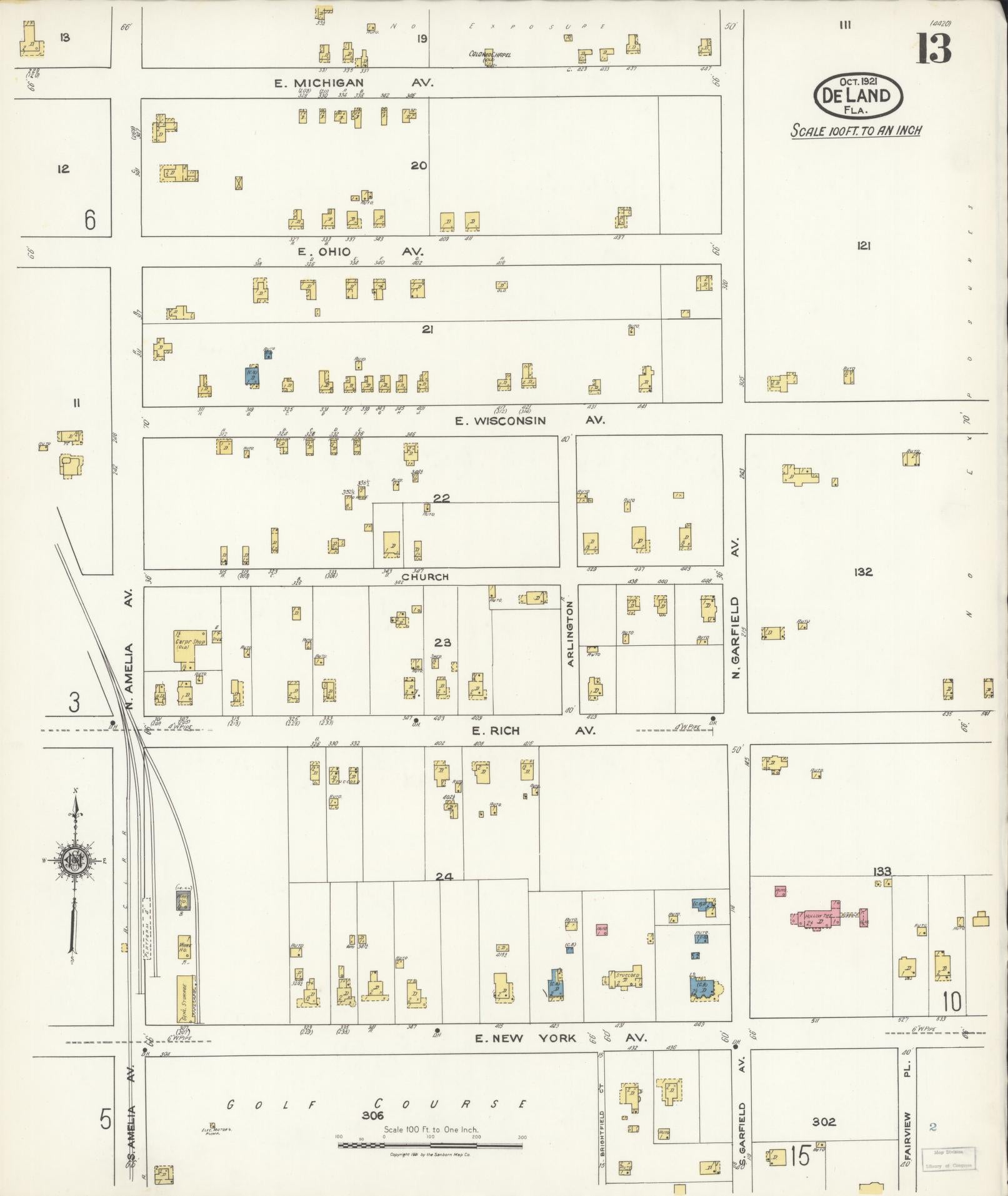 Sanborn Fire Insurance Map from De Land, Volusia County, Florida (1921), Sheet #0013 - Complete Map Set gallery image, historic Sanborn map, vintage wall art, Florida Florida