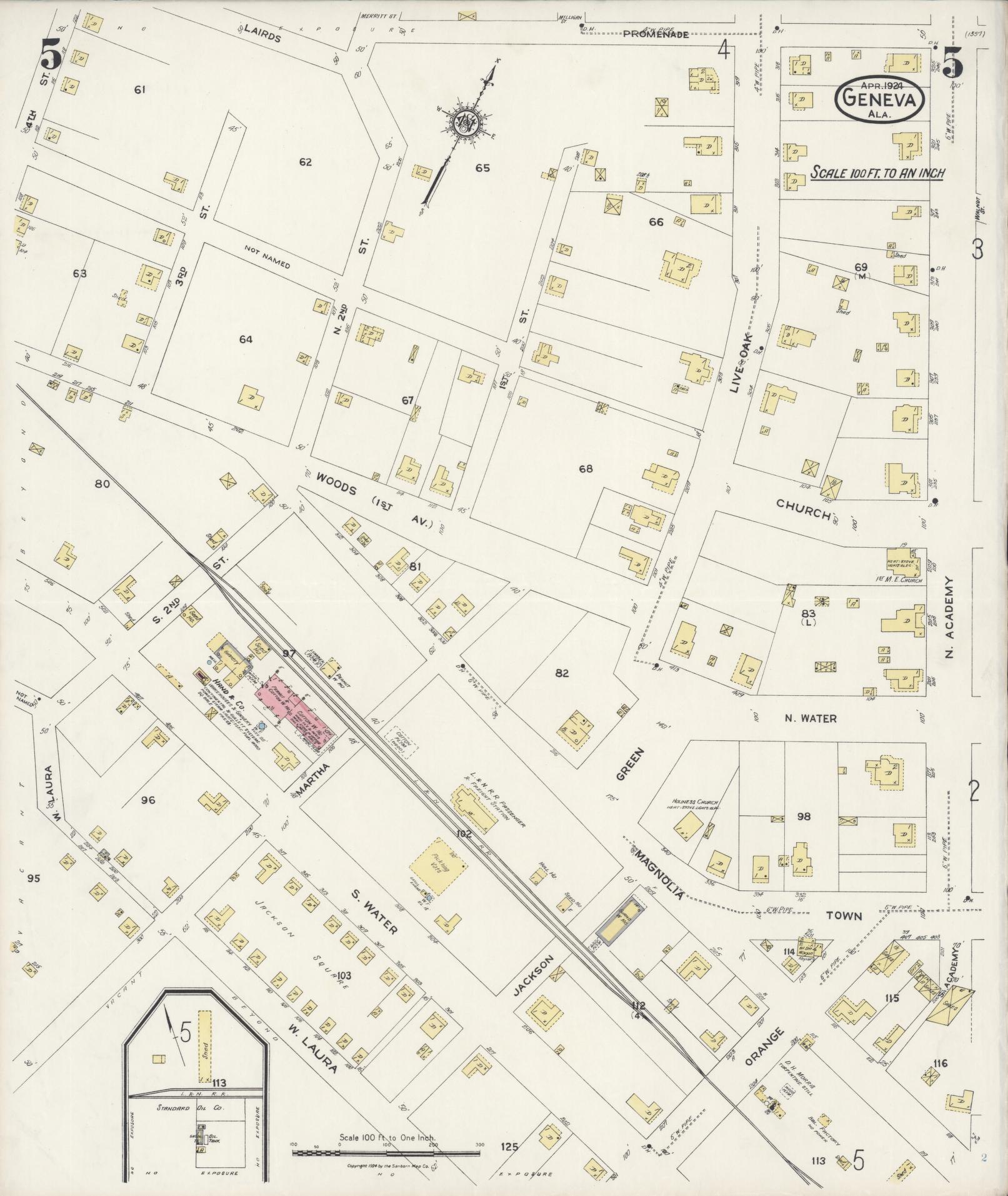 Sanborn Fire Insurance Map from Geneva, Geneva County, Alabama (1924), Sheet #0005 - Complete Map Set gallery image, historic Sanborn map, vintage wall art, Alabama Alabama