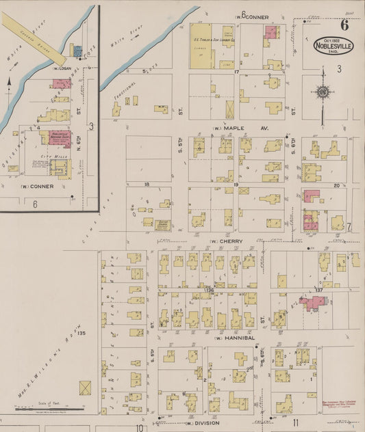 Sanborn Fire Insurance Map from Noblesville, Hamilton County, Indiana (1922), Sheet #0006 - Historic Sanborn Fire Insurance Map Print, vintage old map wall art, antique decor, genealogy gift, Indiana Indiana map