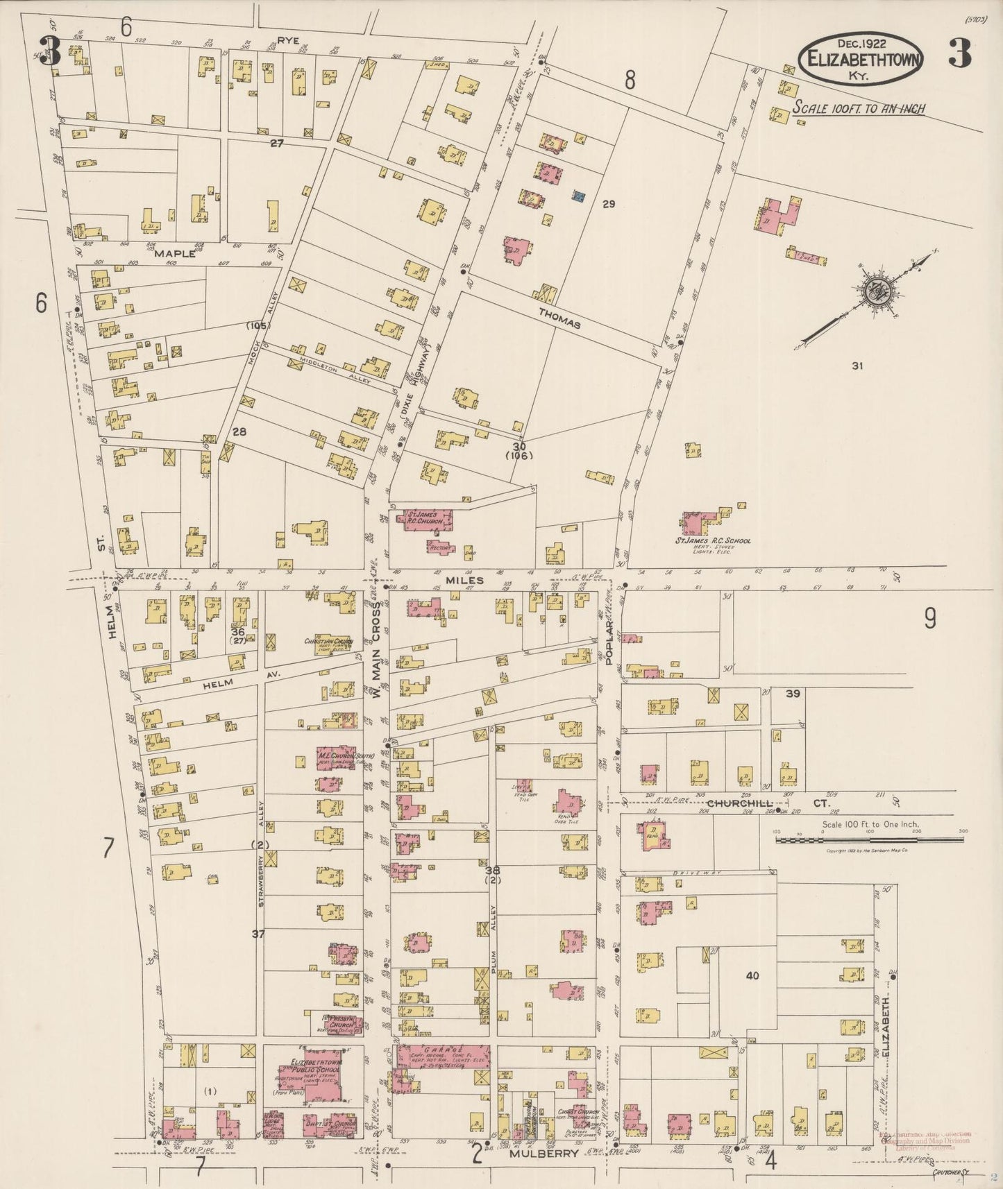 Sanborn Fire Insurance Map from Elizabethtown, Hardin County, Kentucky (1922), Sheet #0003 - Complete Map Set gallery image, historic Sanborn map, vintage wall art, Kentucky Kentucky
