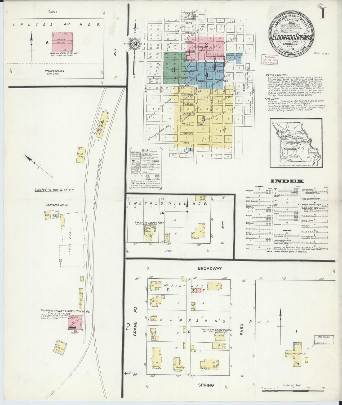 Sanborn Fire Insurance Map from Eldorado Springs, Cedar County, Missouri (1914), Sheet #0001 - Historic Sanborn Fire Insurance Map Print, vintage old map wall art, antique decor, genealogy gift, Missouri Missouri map