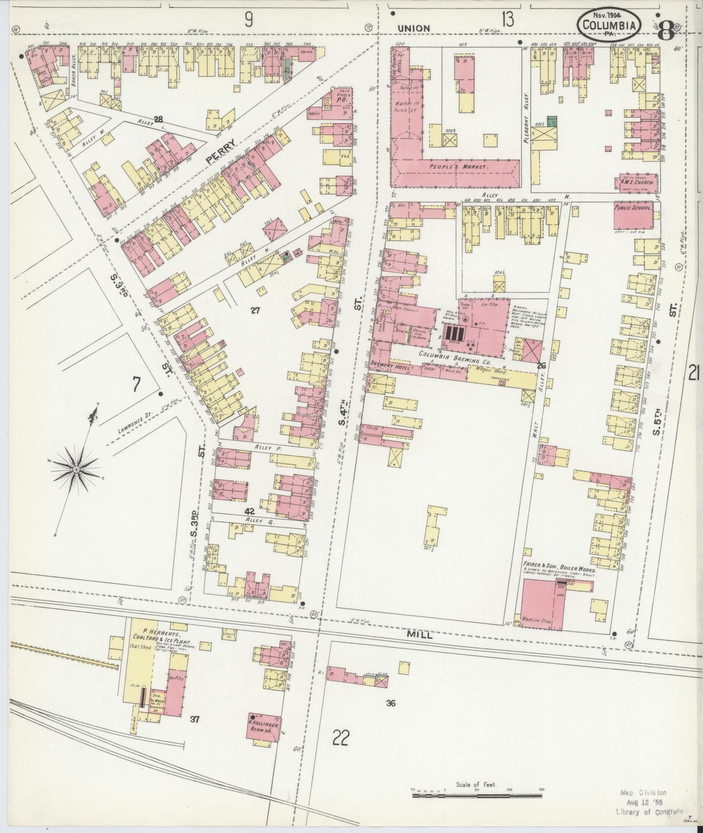 Sanborn Fire Insurance Map from Columbia, Lancaster County, Pennsylvania (1904), Sheet #0008 - Historic Sanborn Fire Insurance Map Print, vintage old map wall art, antique decor, genealogy gift, Pennsylvania Pennsylvania map