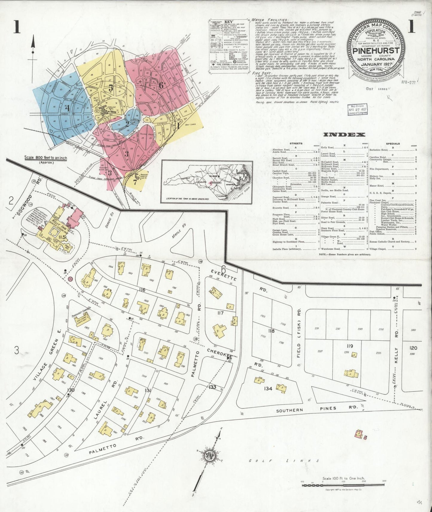 Sanborn Fire Insurance Map from Pinehurst, Moore County, North Carolina (1927), Sheet #0001 - Historic Sanborn Fire Insurance Map Print, vintage old map wall art, antique decor, genealogy gift, North Carolina North Carolina map