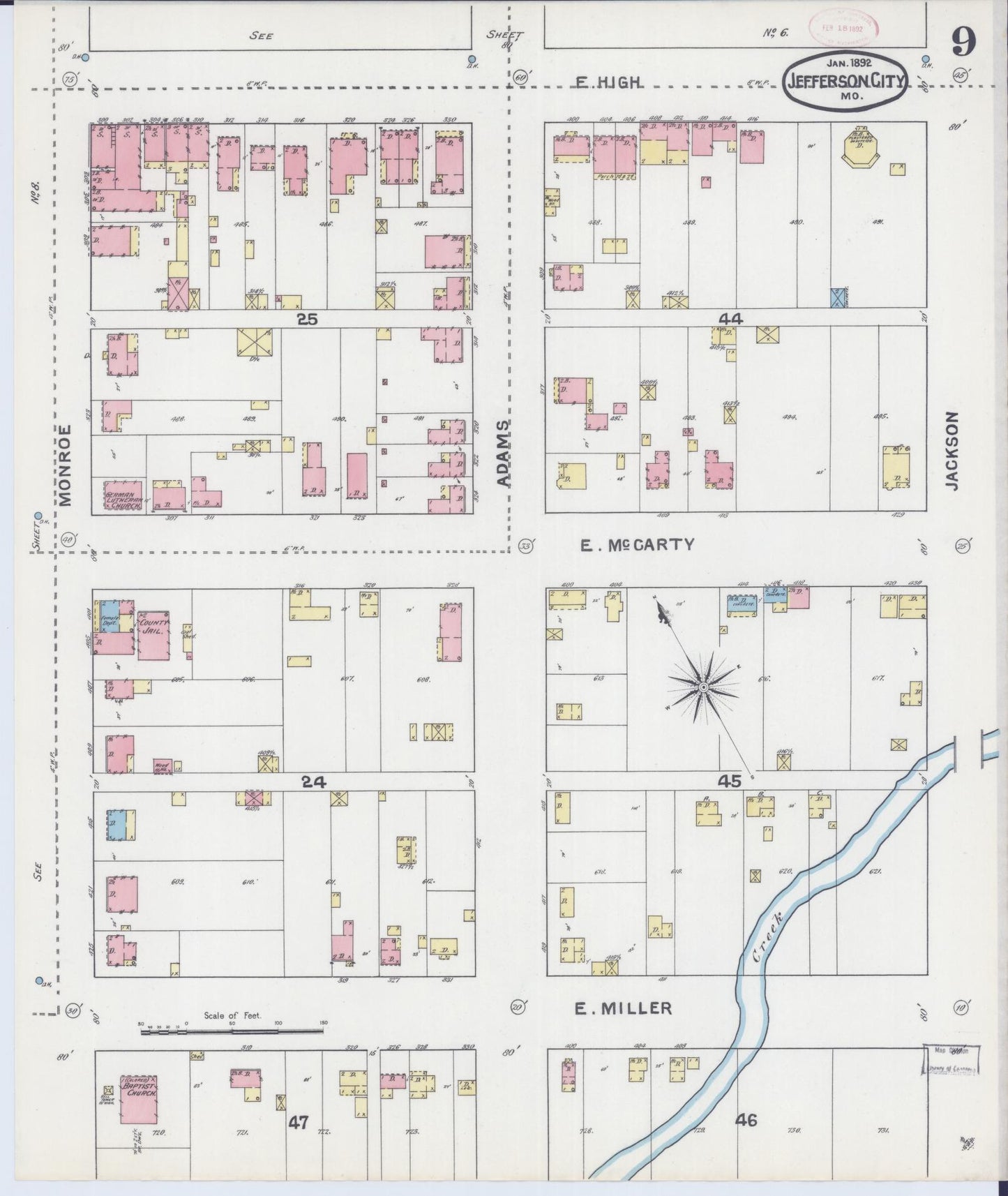 Sanborn Fire Insurance Map from Jefferson City, Cole County, Missouri (1892), Sheet #0009 - Historic Sanborn Fire Insurance Map Print, vintage old map wall art, antique decor, genealogy gift, Missouri Missouri map
