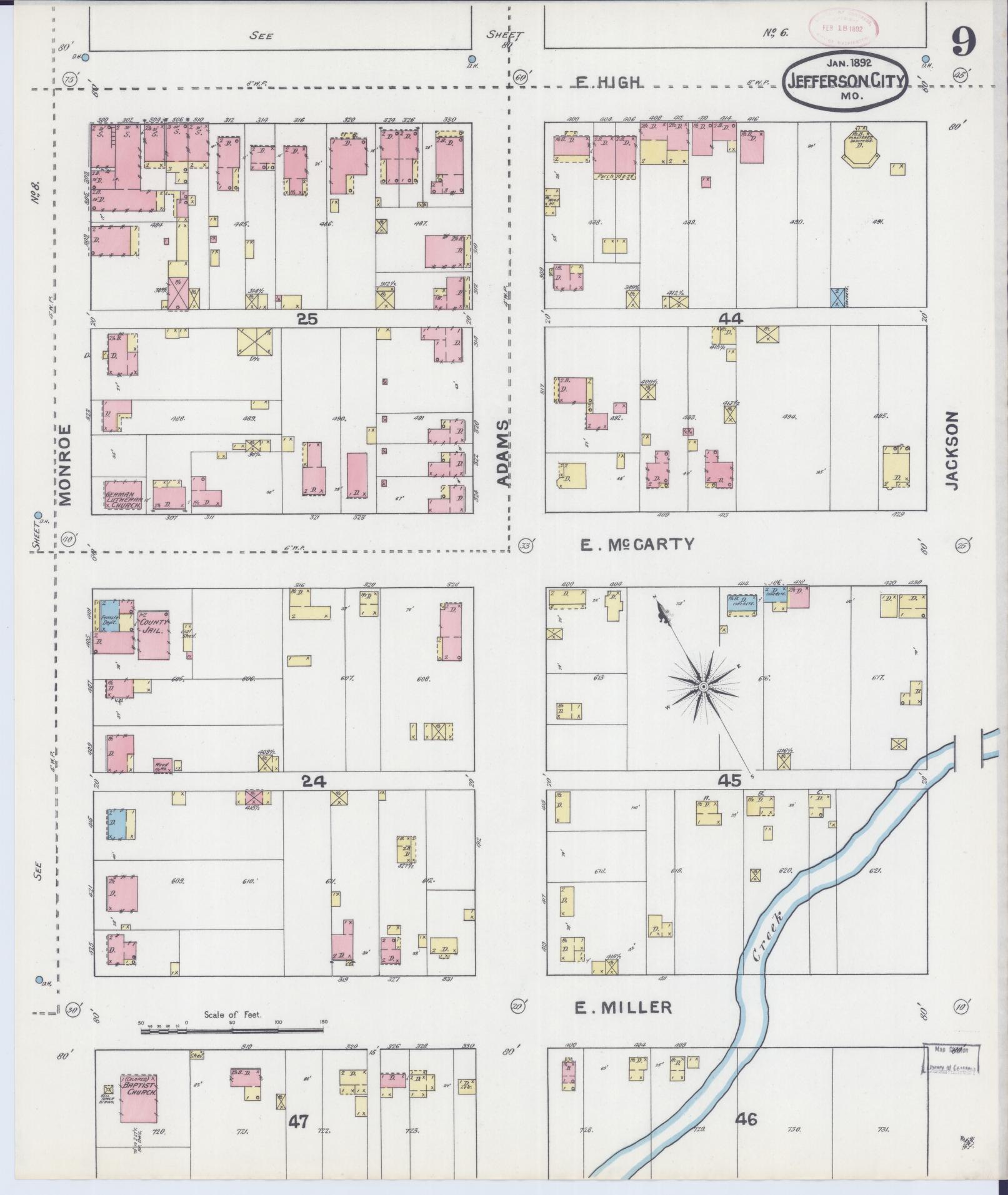 Sanborn Fire Insurance Map from Jefferson City, Cole County, Missouri (1892), Sheet #0009 - Historic Sanborn Fire Insurance Map Print, vintage old map wall art, antique decor, genealogy gift, Missouri Missouri map