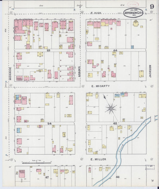Sanborn Fire Insurance Map from Jefferson City, Cole County, Missouri (1892), Sheet #0009 - Historic Sanborn Fire Insurance Map Print, vintage old map wall art, antique decor, genealogy gift, Missouri Missouri map