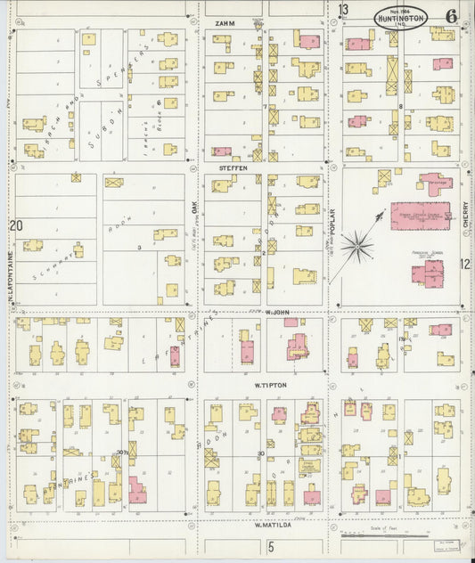 Sanborn Fire Insurance Map from Huntington, Huntington County, Indiana (1904), Sheet #0006 - Historic Sanborn Fire Insurance Map Print, vintage old map wall art, antique decor, genealogy gift, Indiana Indiana map
