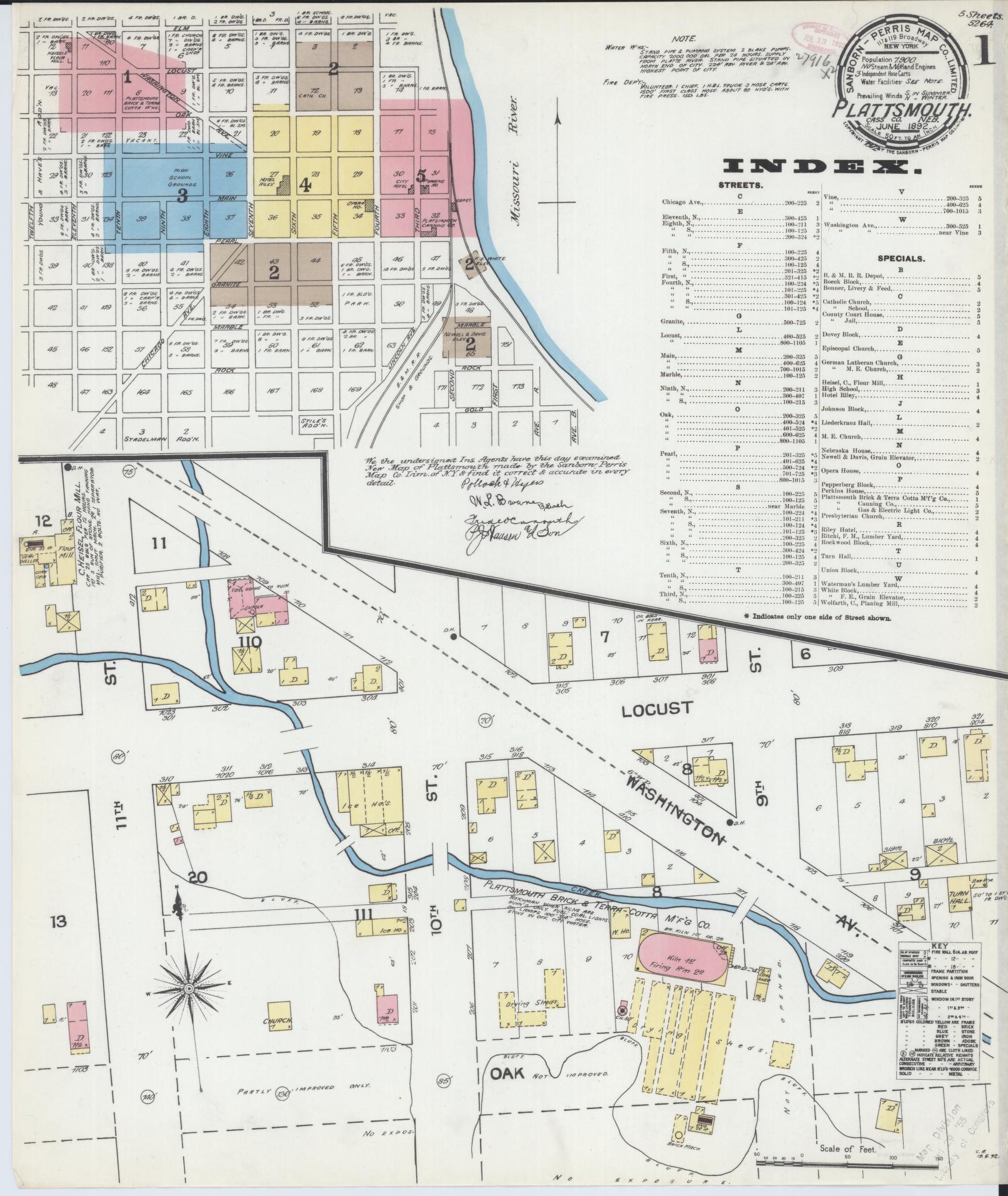 Sanborn Fire Insurance Map from Plattsmouth, Cass County, Nebraska (1892), Sheet #0001 - Historic Sanborn Fire Insurance Map Print, vintage old map wall art, antique decor, genealogy gift, Nebraska Nebraska map