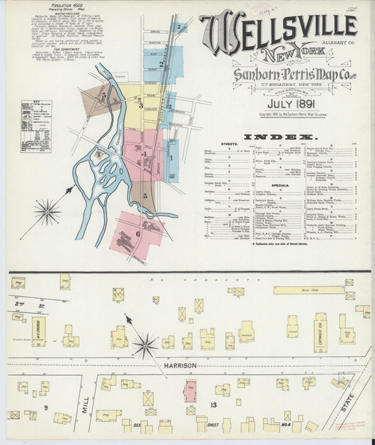 Sanborn Fire Insurance Map from Wellsville, Allegany County, New York (1891), Sheet #0001 - Historic Sanborn Fire Insurance Map Print, vintage old map wall art, antique decor, genealogy gift, New York New York map