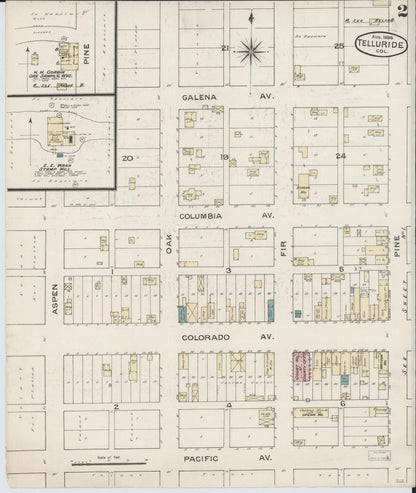 Sanborn Fire Insurance Map from Telluride, San Miguel County, Colorado (1886), Sheet #0002 - Complete Map Set gallery image, historic Sanborn map, vintage wall art, Colorado Colorado