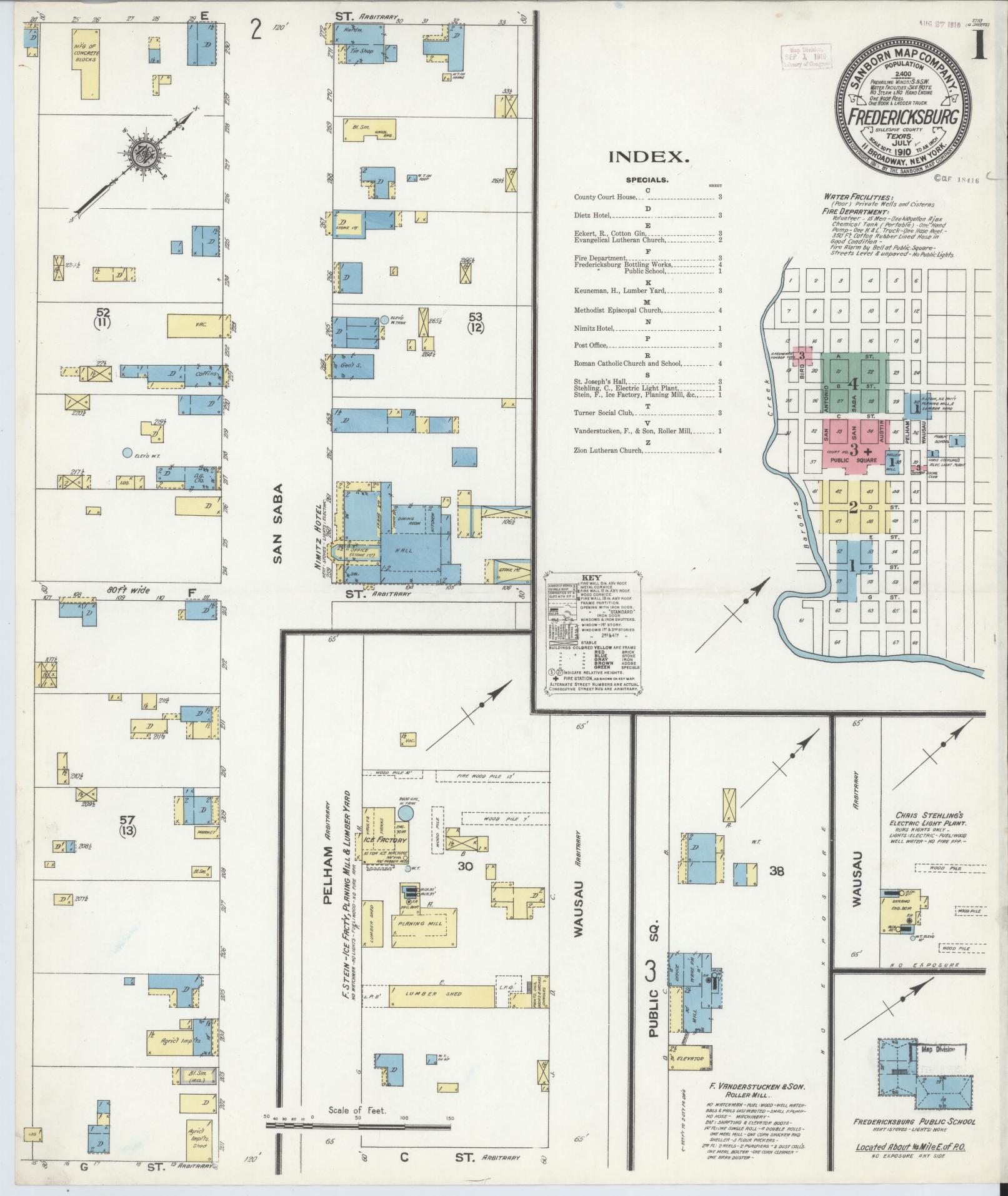 Sanborn Fire Insurance Map from Fredericksburg, Gillespie County, Texas (1910), Sheet #0001 - Complete Map Set gallery image, historic Sanborn map, vintage wall art, Texas Texas