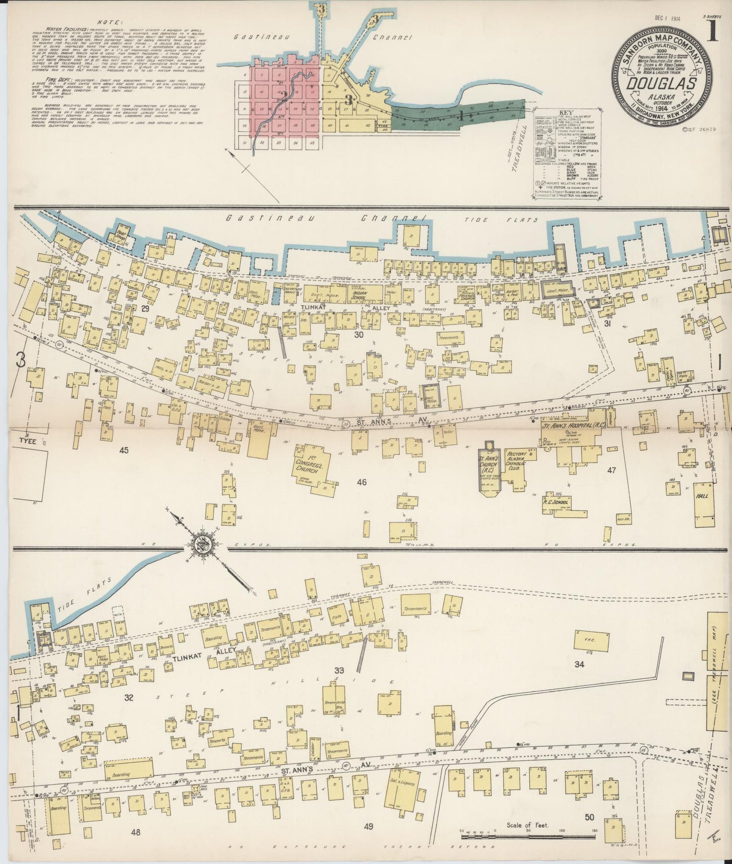 Sanborn Fire Insurance Map from Douglas, Juneau Census Division, Alaska (1914), Sheet #0001 - Historic Sanborn Fire Insurance Map Print, vintage old map wall art, antique decor, genealogy gift, Alaska Alaska map