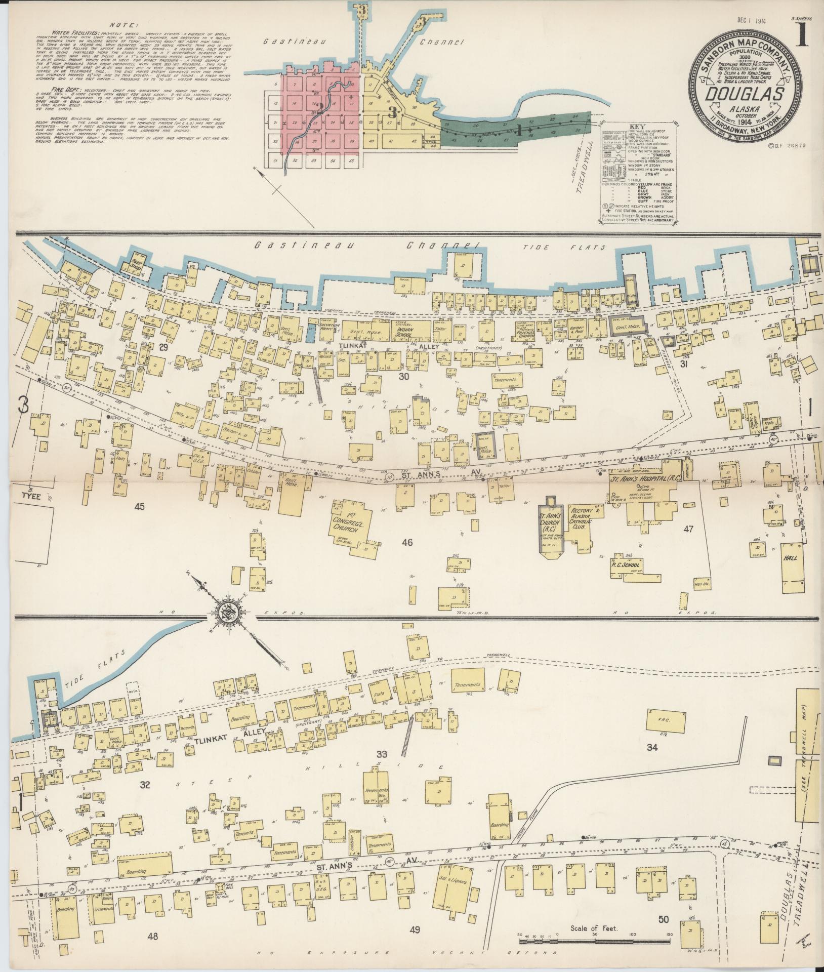 Sanborn Fire Insurance Map from Douglas, Juneau Census Division, Alaska (1914), Sheet #0001 - Historic Sanborn Fire Insurance Map Print, vintage old map wall art, antique decor, genealogy gift, Alaska Alaska map