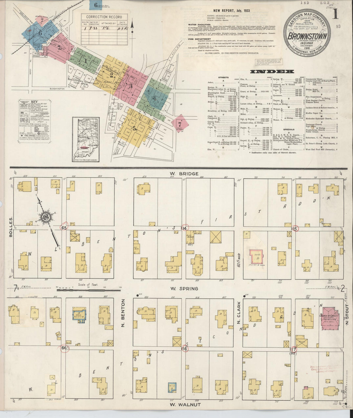 Sanborn Fire Insurance Map from Brownstown, Jackson County, Indiana (1933), Sheet #0001 - Historic Sanborn Fire Insurance Map Print, vintage old map wall art, antique decor, genealogy gift, Indiana Indiana map