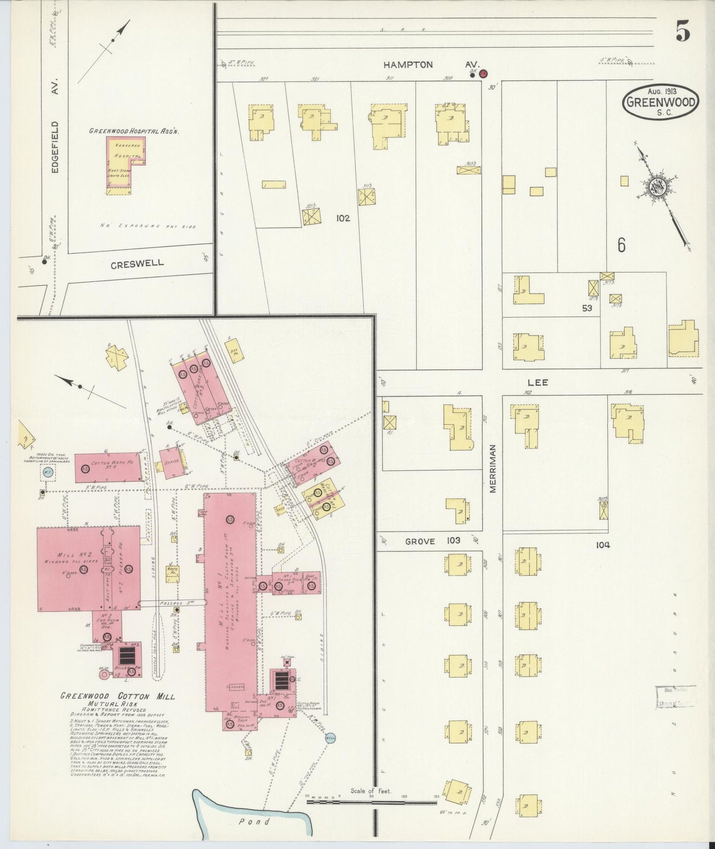 Sanborn Fire Insurance Map from Greenwood, Greenwood County, South Carolina (1913), Sheet #0005 - Complete Map Set gallery image, historic Sanborn map, vintage wall art, South Carolina South Carolina