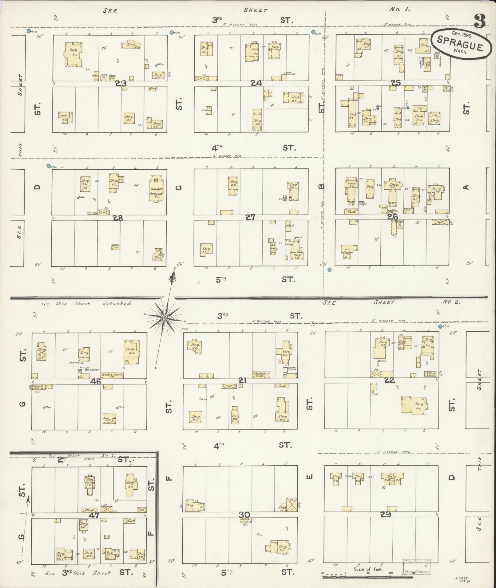 Sanborn Fire Insurance Map from Sprague, Lincoln County, Washington (1890), Sheet #0003 - Historic Sanborn Fire Insurance Map Print, vintage old map wall art, antique decor, genealogy gift, Washington Washington map