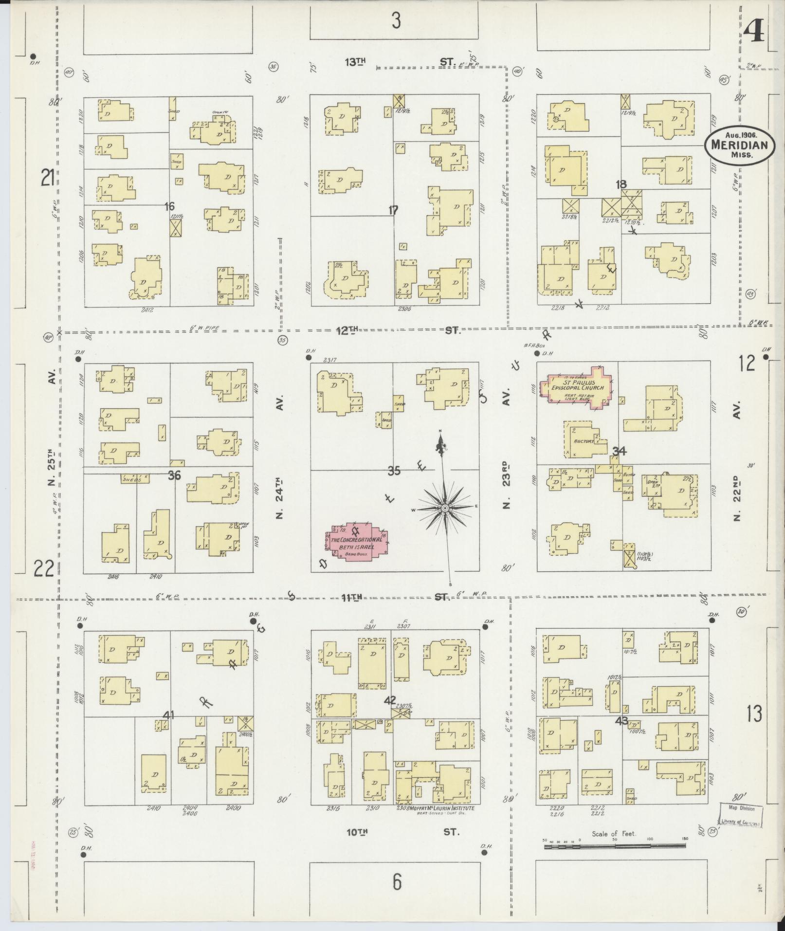 Sanborn Fire Insurance Map from Meridian, Lauderdale County, Mississippi (1906), Sheet #0004 - Historic Sanborn Fire Insurance Map Print, vintage old map wall art, antique decor, genealogy gift, Mississippi Mississippi map