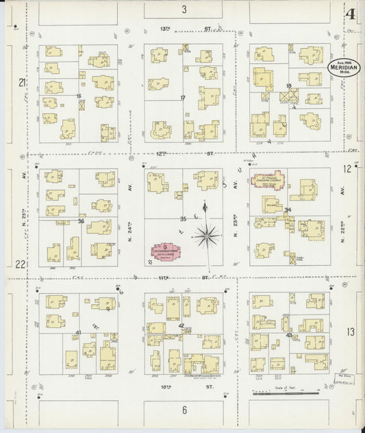 Sanborn Fire Insurance Map from Meridian, Lauderdale County, Mississippi (1906), Sheet #0004 - Historic Sanborn Fire Insurance Map Print, vintage old map wall art, antique decor, genealogy gift, Mississippi Mississippi map