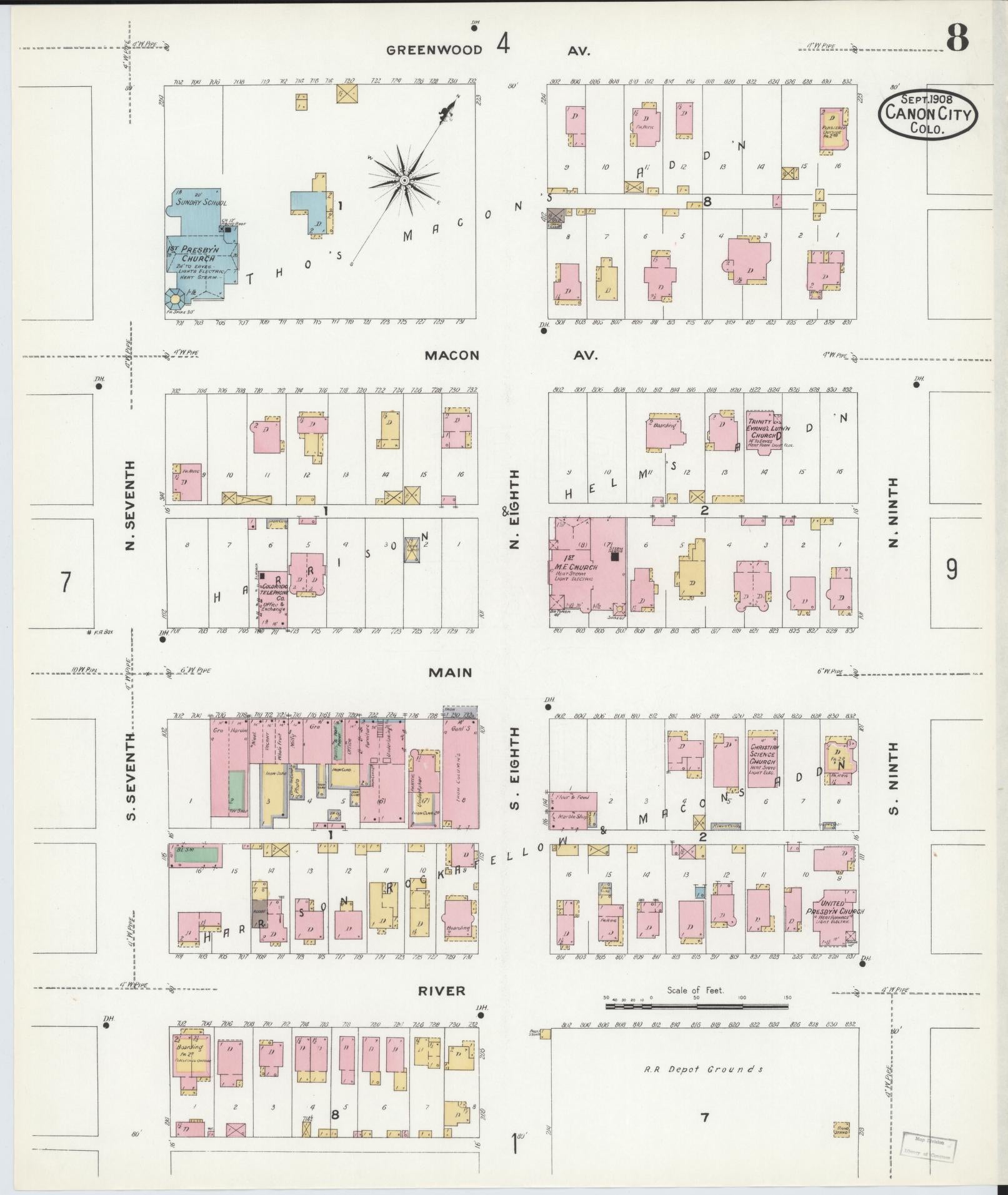Sanborn Fire Insurance Map from Canon City, Fremont County, Colorado (1908), Sheet #0008 - Historic Sanborn Fire Insurance Map Print, vintage old map wall art, antique decor, genealogy gift, Colorado Colorado map