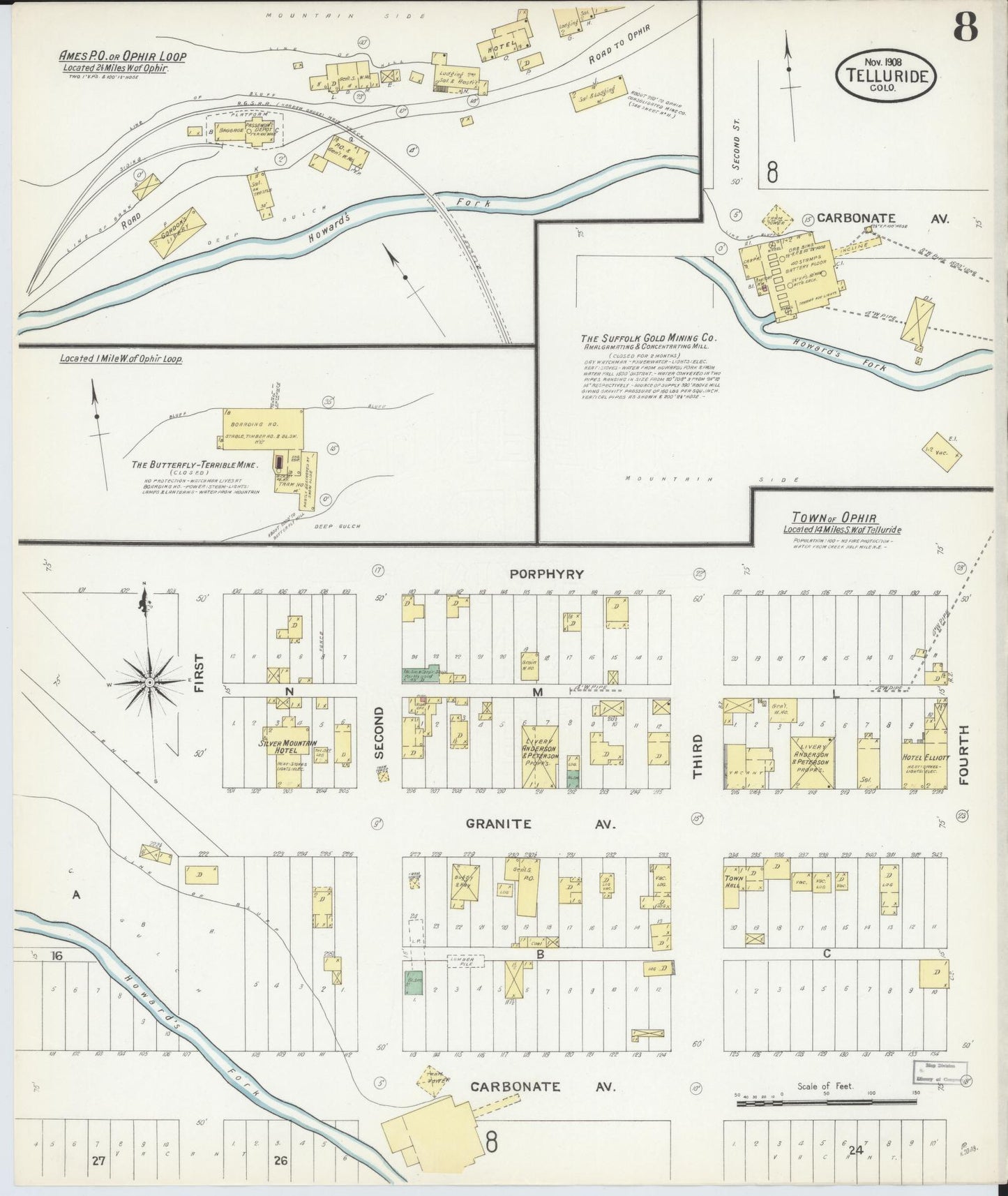 Sanborn Fire Insurance Map from Telluride, San Miguel County, Colorado (1908), Sheet #0008 - Historic Sanborn Fire Insurance Map Print, vintage old map wall art, antique decor, genealogy gift, Colorado Colorado map