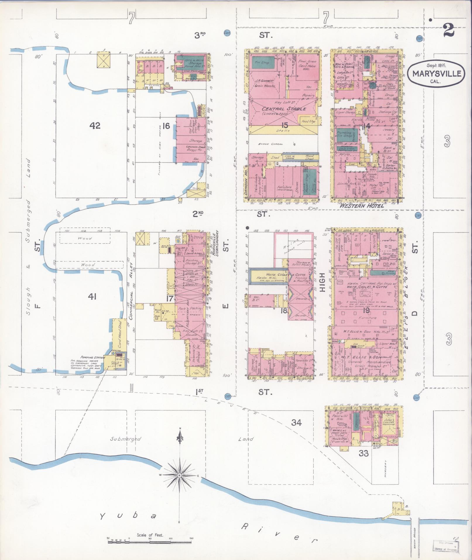 Sanborn Fire Insurance Map from Marysville, Yuba County, California (1895), Sheet #0002 - Historic Sanborn Fire Insurance Map Print, vintage old map wall art, antique decor, genealogy gift, California California map