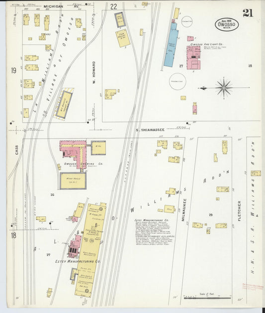 Sanborn Fire Insurance Map from Owosso, Shiawassee County, Michigan (1908), Sheet #0021 - Historic Sanborn Fire Insurance Map Print, vintage old map wall art, antique decor, genealogy gift, Michigan Michigan map