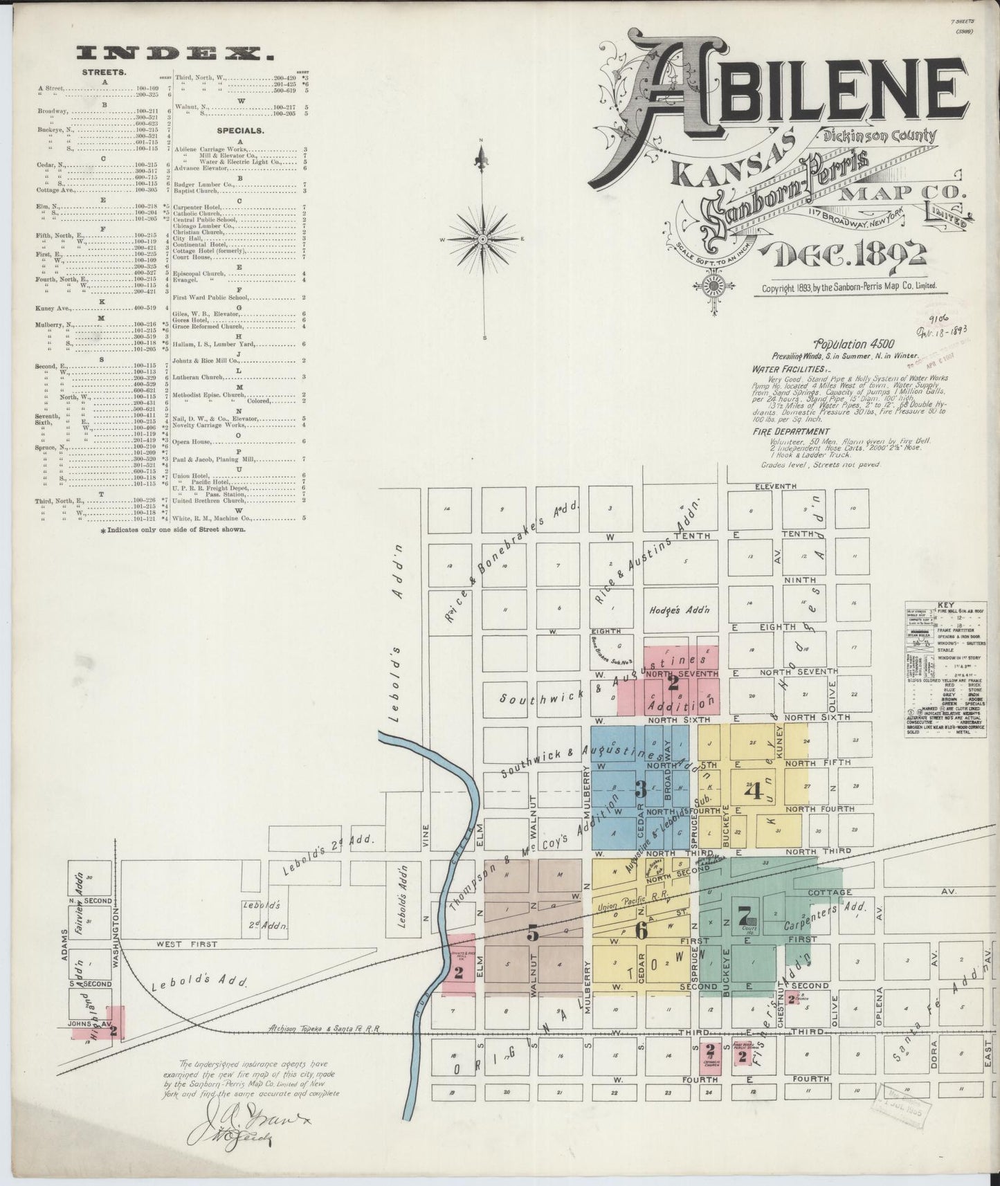 Sanborn Fire Insurance Map from Abilene, Dickinson County, Kansas (1892), Sheet #0001 - Historic Sanborn Fire Insurance Map Print, vintage old map wall art, antique decor, genealogy gift, Kansas Kansas map