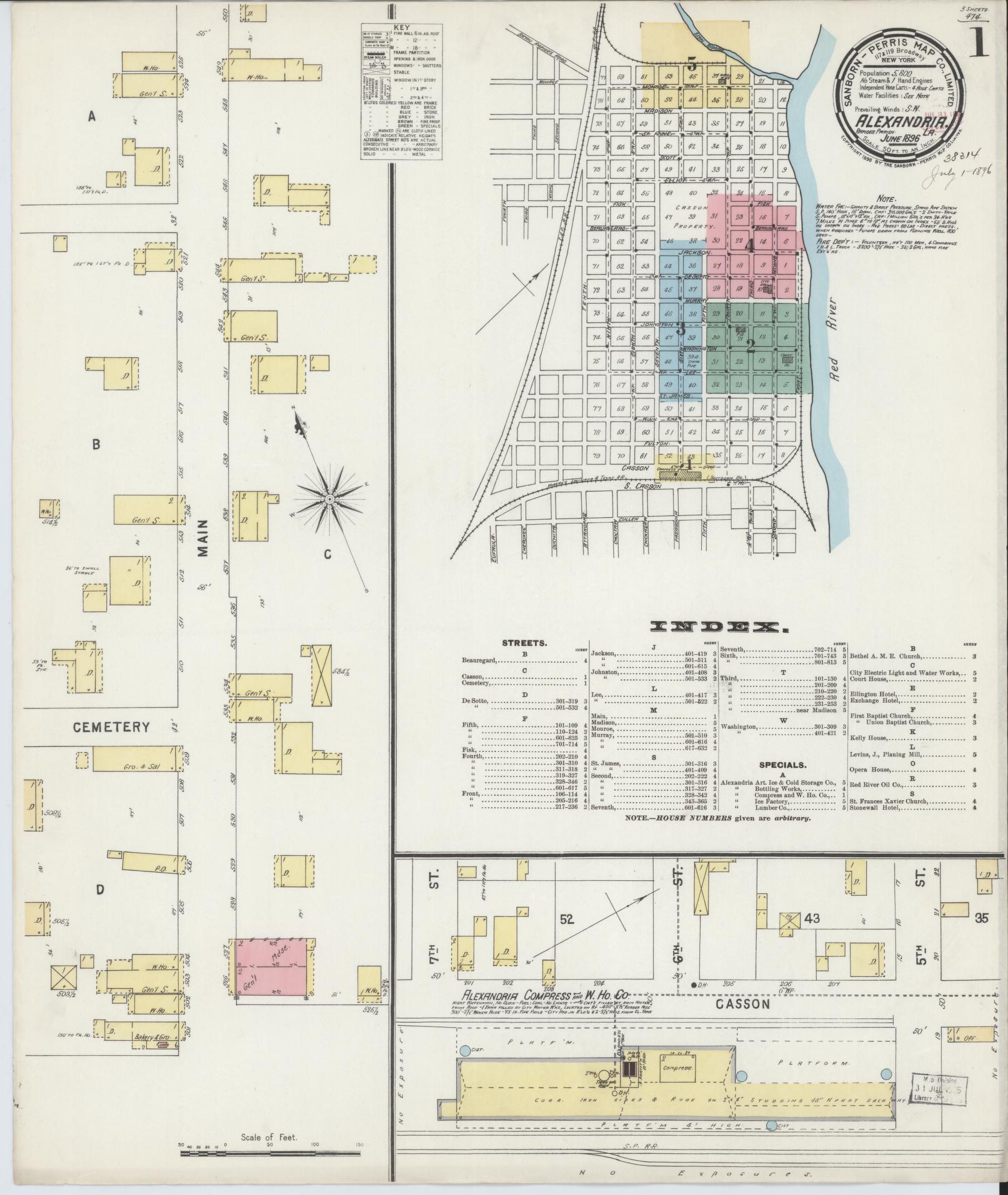 Sanborn Fire Insurance Map from Alexandria, Rapides Parish, Louisiana (1896), Sheet #0001 - Historic Sanborn Fire Insurance Map Print, vintage old map wall art, antique decor, genealogy gift, Louisiana Louisiana map