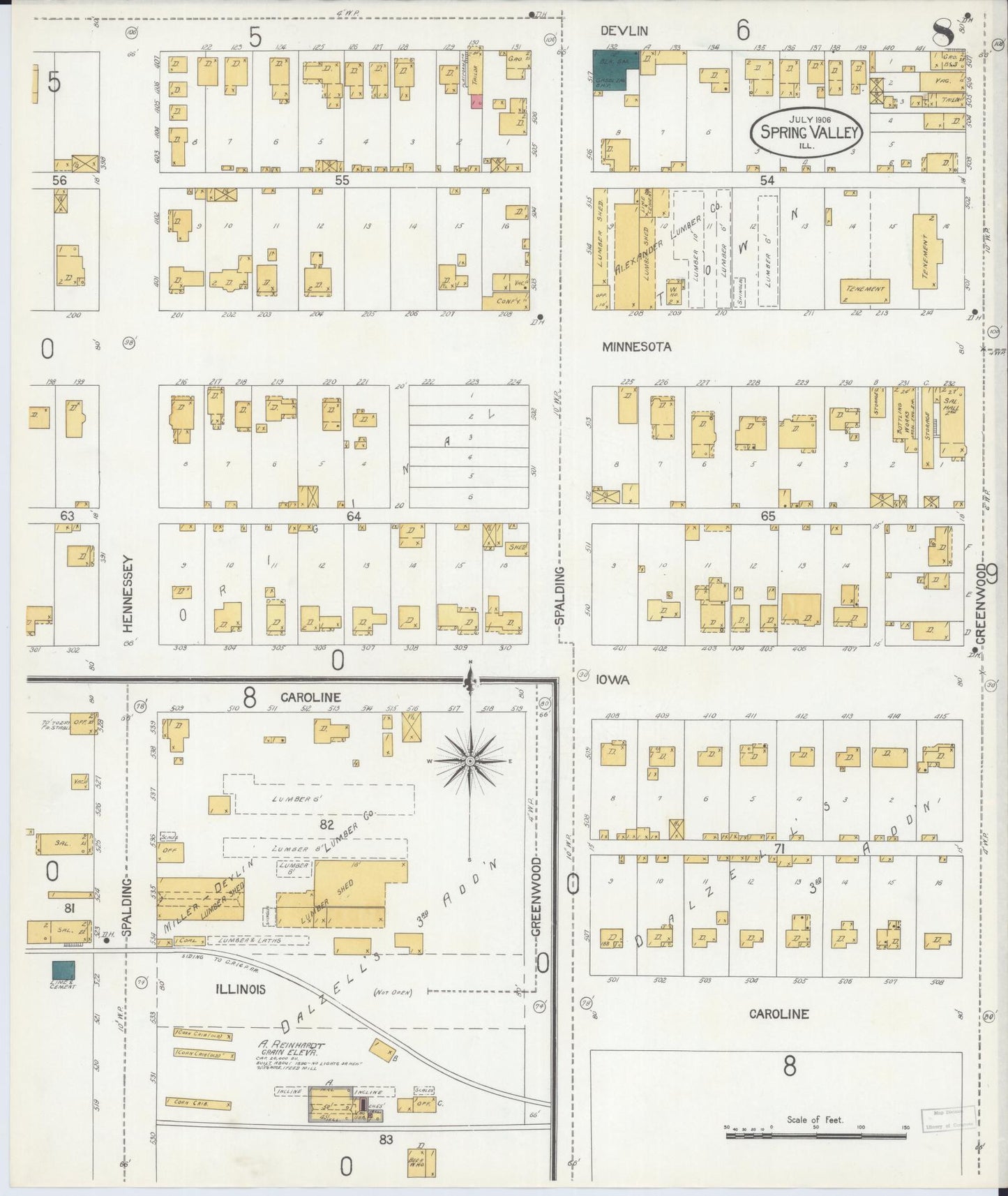 Sanborn Fire Insurance Map from Spring Valley, Bureau County, Illinois (1906), Sheet #0008 - Complete Map Set gallery image, historic Sanborn map, vintage wall art, Illinois Illinois