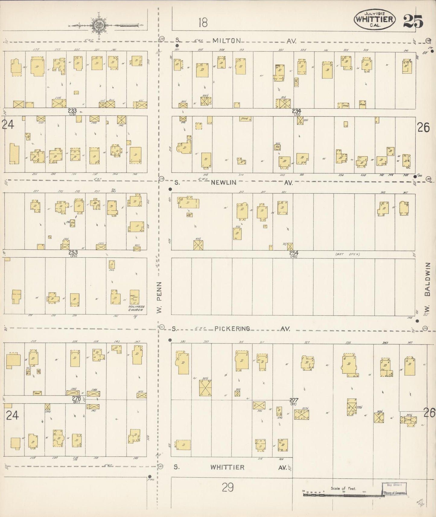 Sanborn Fire Insurance Map from Whittier, Los Angeles County, California (1912), Sheet #0025 - Complete Map Set gallery image, historic Sanborn map, vintage wall art, California California