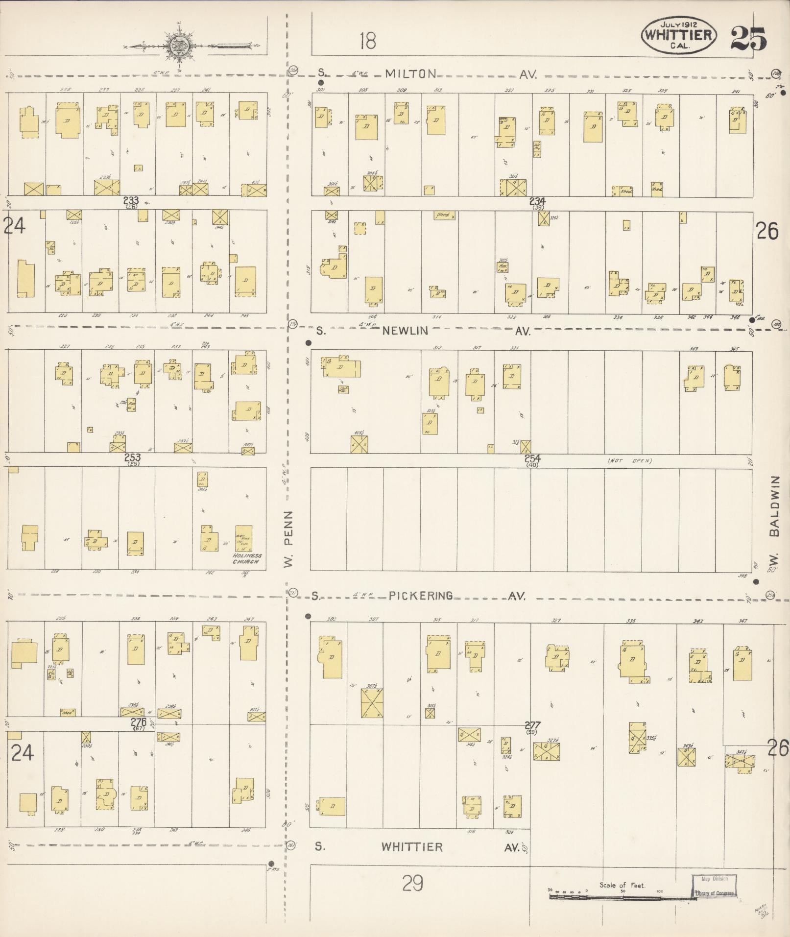 Sanborn Fire Insurance Map from Whittier, Los Angeles County, California (1912), Sheet #0025 - Complete Map Set gallery image, historic Sanborn map, vintage wall art, California California