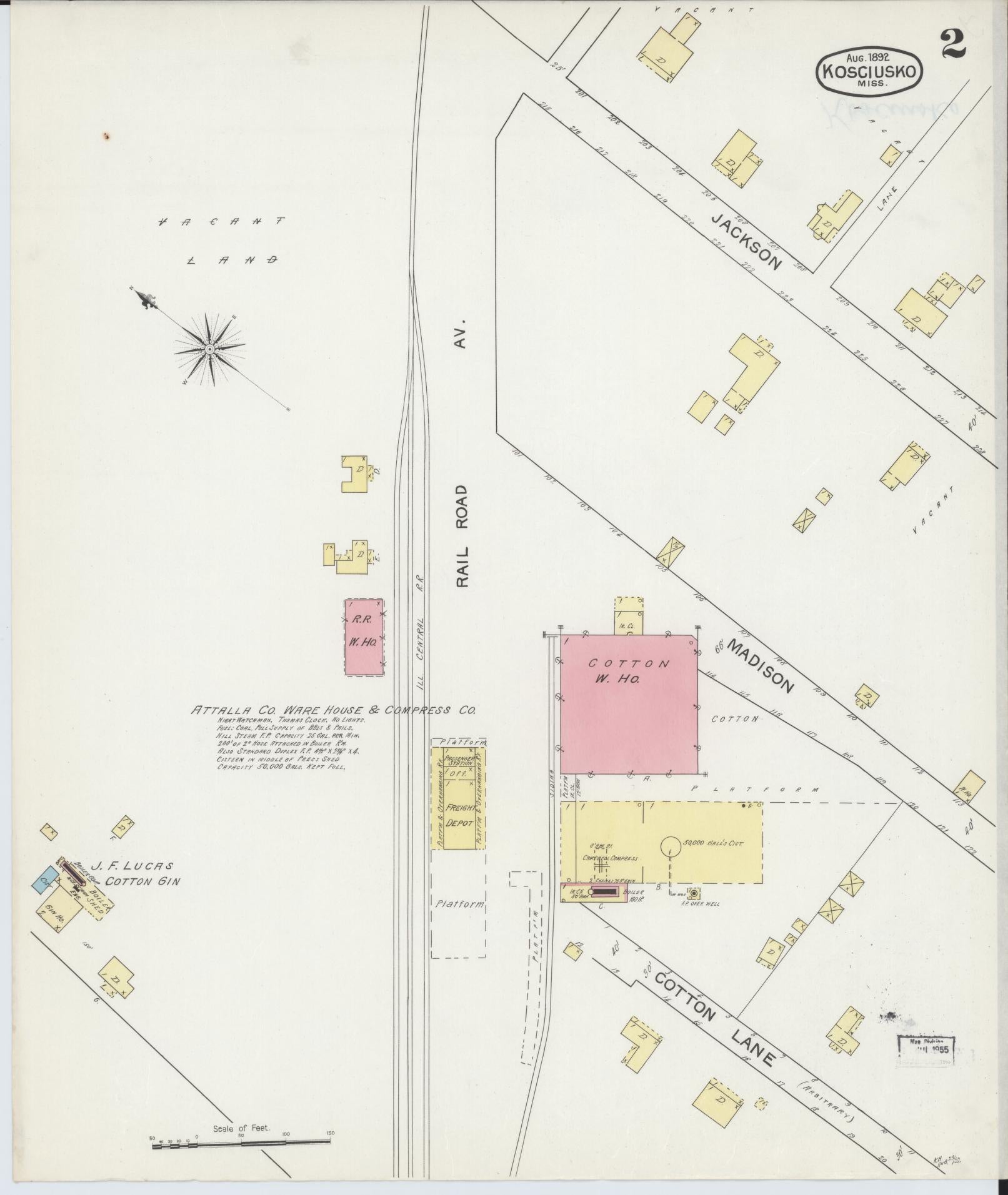 Sanborn Fire Insurance Map from Kosciusko, Attala County, Mississippi (1892), Sheet #0002 - Historic Sanborn Fire Insurance Map Print, vintage old map wall art, antique decor, genealogy gift, Mississippi Mississippi map