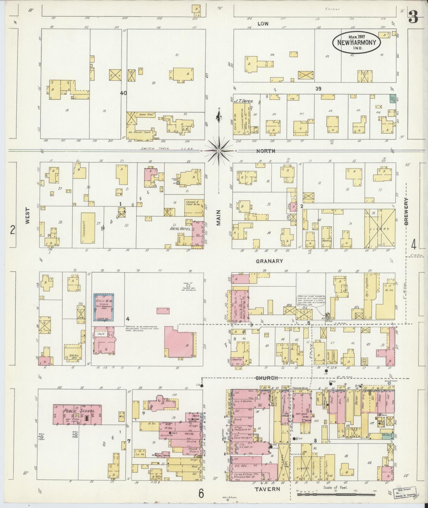 Sanborn Fire Insurance Map from New Harmony, Posey County, Indiana (1907), Sheet #0003 - Historic Sanborn Fire Insurance Map Print, vintage old map wall art, antique decor, genealogy gift, Indiana Indiana map